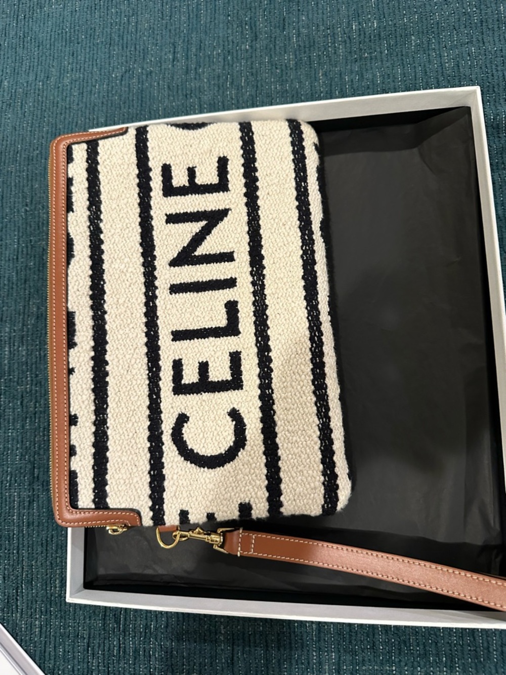 Celine Black and Cream Striped Canvas Wristlet with Tan Trim - Picture 3 of 17